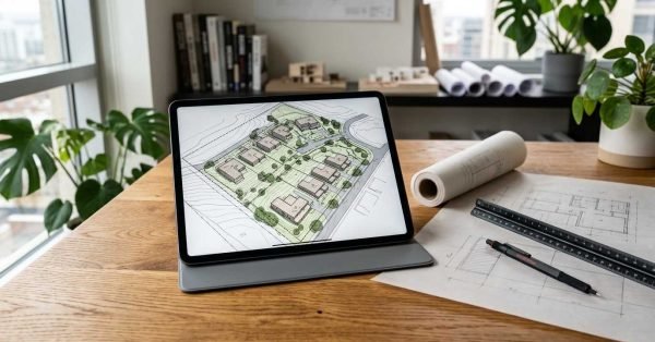 Tablet displaying a residential site plan beside architectural drawings, ruler, rolled blueprints, and drafting tools on a modern office desk.