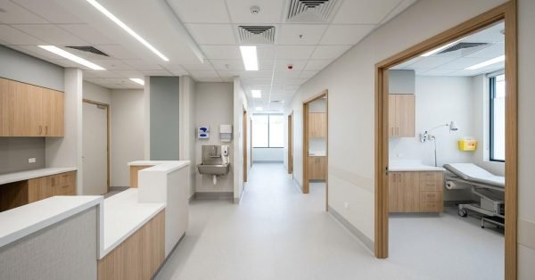 Modern medical clinic interior with reception area, examination rooms, custom cabinetry, and clean healthcare facility design