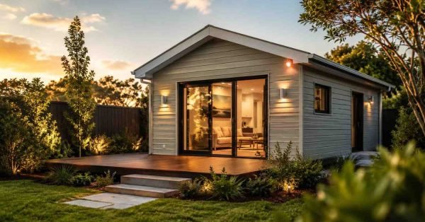Modern backyard ADU with deck and garden.