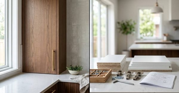 Side-by-side comparison of custom wood cabinetry and flat-pack cabinet components with hardware and assembly instructions.