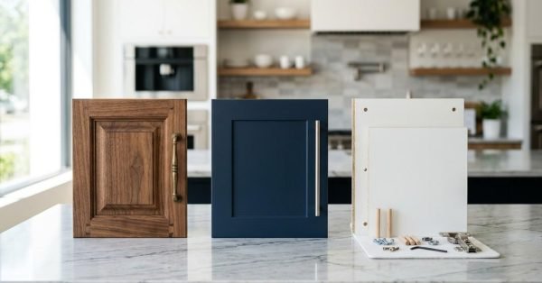 Comparison of solid wood, painted shaker, and flat-pack cabinet doors with assembly hardware displayed on a kitchen countertop.