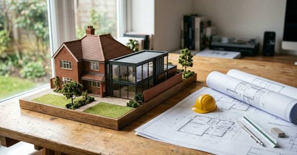 Home extension model with architectural plans and construction tools on a desk.