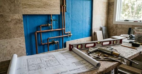 Bathroom renovation plans, plumbing installation, waterproofing membrane, and construction tools prepared for permit inspection.