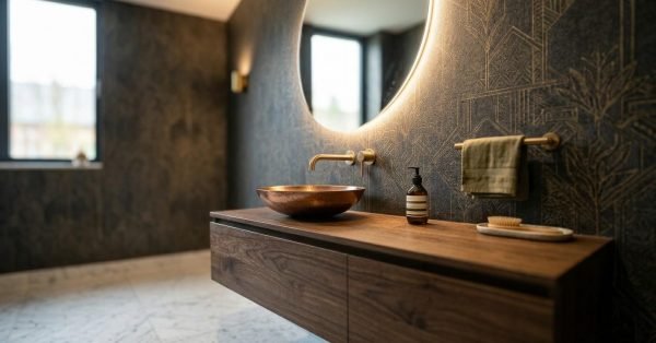 Luxury modern powder room with floating vanity.