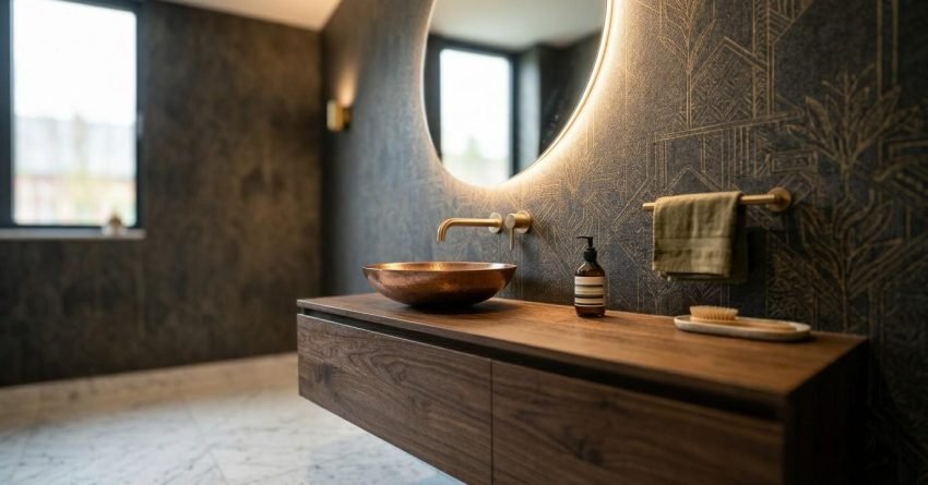 Luxury modern powder room with floating vanity.