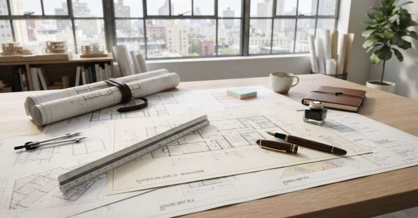Commercial renovation blueprints with architectural tools and planning documents on a desk.
