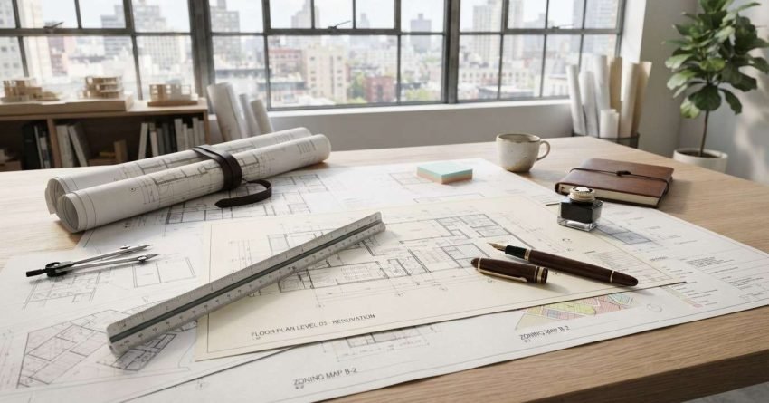 Commercial renovation blueprints with architectural tools and planning documents on a desk.