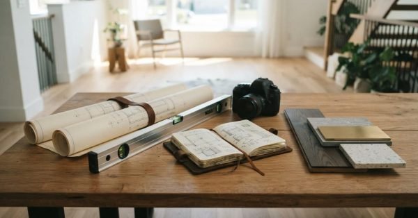 Home renovation planning workspace with architectural blueprints, material samples, measuring tools, and design notes for selecting the right renovation builder.