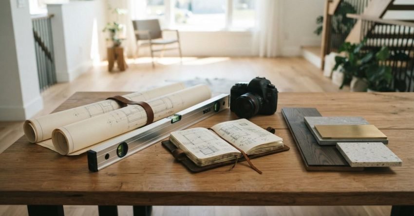 Home renovation planning workspace with architectural blueprints, material samples, measuring tools, and design notes for selecting the right renovation builder.