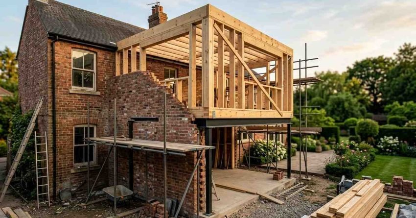 House extension under construction with timber framing, brickwork, and scaffolding attached to a traditional brick home.