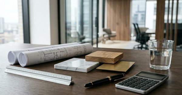 Office renovation planning desk with blueprints and material samples
