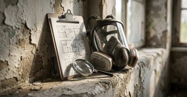 Respirator mask, inspection checklist, and magnifying glass on a deteriorated wall inside an older building, illustrating hazardous material inspection before renovation.