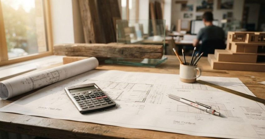 Architectural blueprints, a calculator, and a pen on a wooden workbench in a home design studio, illustrating home renovation cost planning, budgeting, project estimation, and residential construction design.