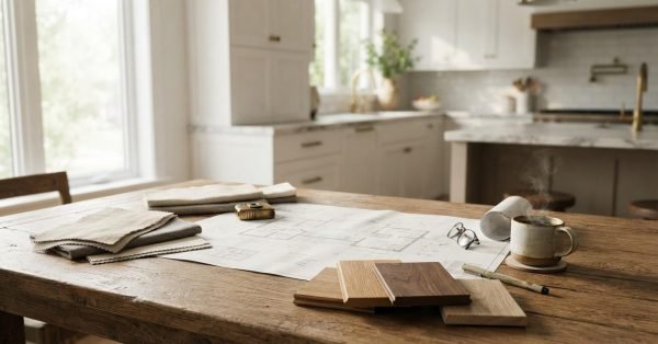 Wooden table with architectural floor plans, wood flooring samples, fabric swatches, measuring tape, coffee, and renovation notes in a modern kitchen, representing home renovation planning, interior design, and material selection.
