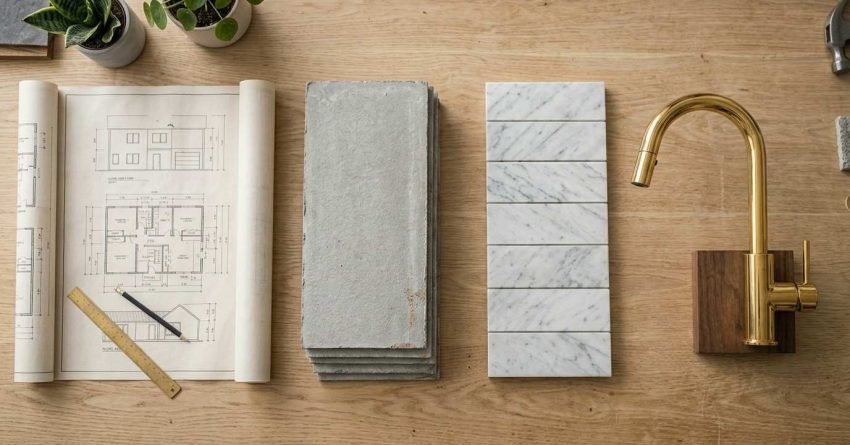 Bathroom renovation planning materials and tile samples.