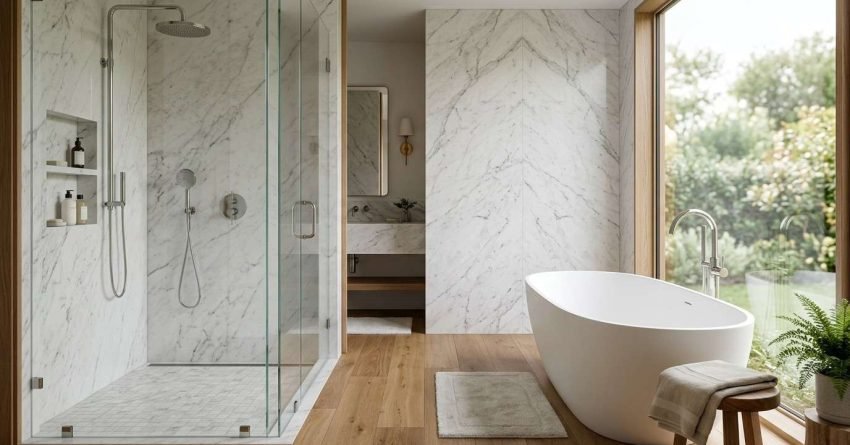 Luxury bathroom featuring a frameless walk-in shower, freestanding bathtub, marble walls, and natural wood flooring.