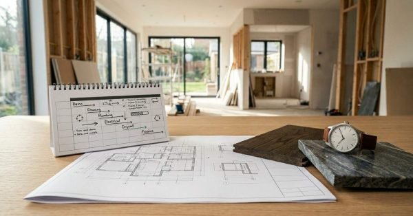 Home renovation project timeline with construction plans, material samples, and scheduling tools in an active remodel site.