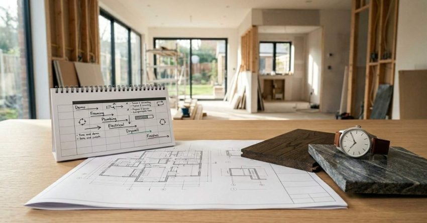 Home renovation project timeline with construction plans, material samples, and scheduling tools in an active remodel site.