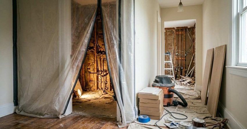 Bathroom renovation with dust barriers and exposed plumbing.