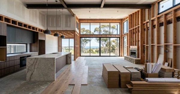 Luxury home interior renovation with custom kitchen, exposed framing, flooring installation, and panoramic windows overlooking scenic landscape