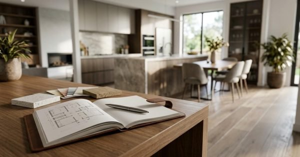 Whole-home renovation planning with floor plan sketches, material samples, and a modern open-concept interior.
