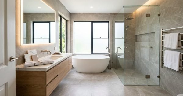 Luxury bathroom renovation featuring a floating timber vanity, illuminated mirror, freestanding bathtub, frameless glass shower, large-format stone-look tiles, and a premium spa-inspired bathroom design.