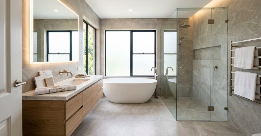 Luxury bathroom renovation featuring a floating timber vanity, illuminated mirror, freestanding bathtub, frameless glass shower, large-format stone-look tiles, and a premium spa-inspired bathroom design.