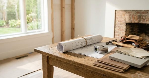 Home renovation planning workspace with blueprints, material samples, and tools inside a residential remodeling project.