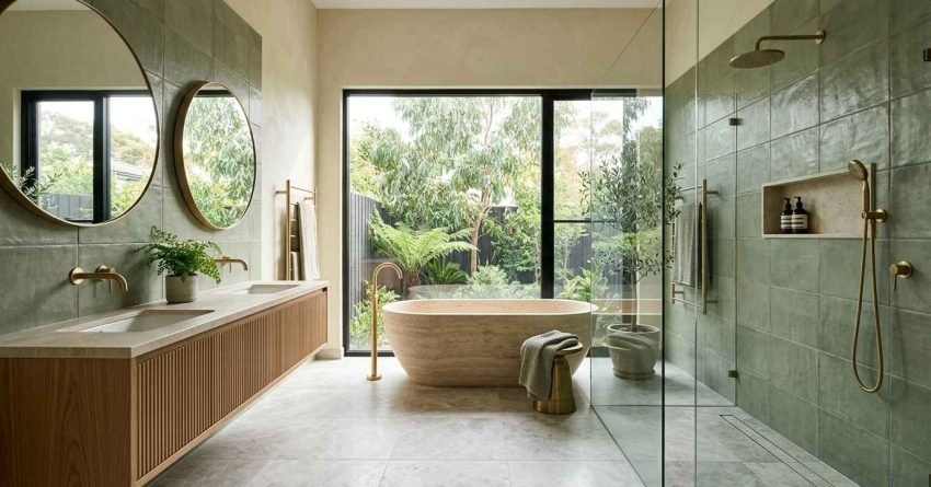 Luxury spa-style bathroom with freestanding soaking tub, double vanity, walk-in glass shower, and floor-to-ceiling windows overlooking a landscaped garden
