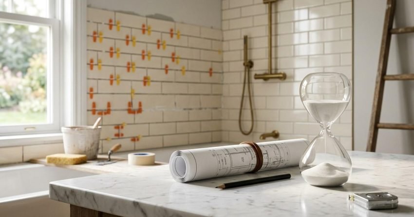 Bathroom renovation planning with blueprints and hourglass.
