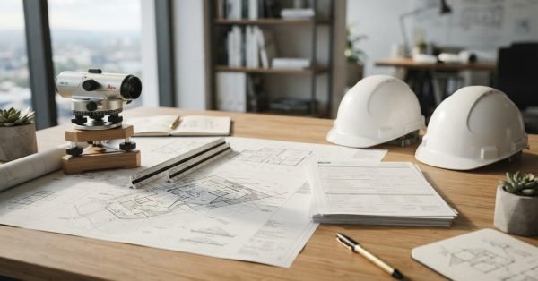 Development application documents with architectural plans, surveying equipment, and safety helmets.