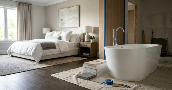 Bedroom conversion into a luxury bathroom renovation.