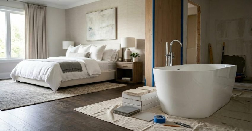 Bedroom conversion into a luxury bathroom renovation.