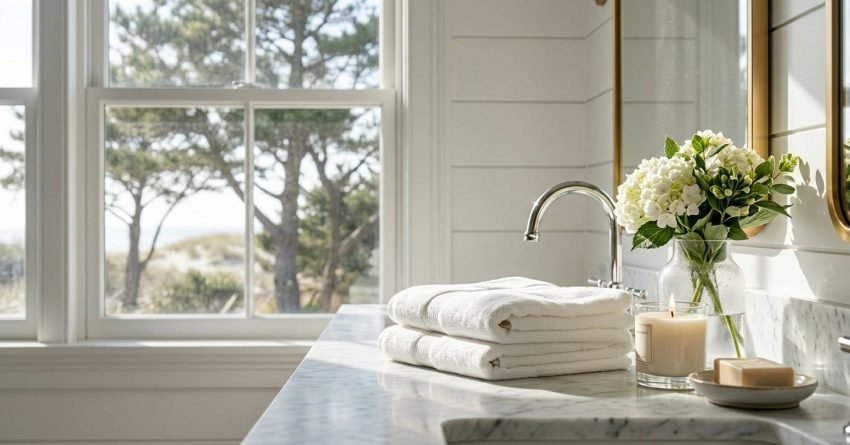 Elegant Hamptons-style bathroom vanity vignette featuring a marble countertop, folded white towels, fresh white hydrangeas, scented candle, artisan soap dish, polished chrome faucet, and large sunlit window overlooking coastal trees, creating a bright, luxurious, spa-inspired atmosphere.