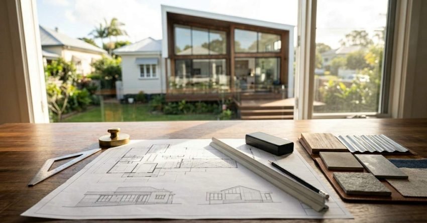 Architectural planning and design consultation featuring residential blueprints, material selections, construction specifications, and project planning for a custom home renovation or extension.