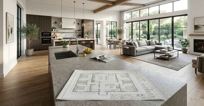 Open-plan home renovation with architectural floor plan displayed on a kitchen island in a modern living space.