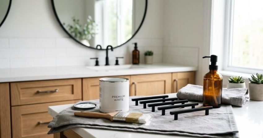 Bathroom vanity renovation materials and design upgrades.