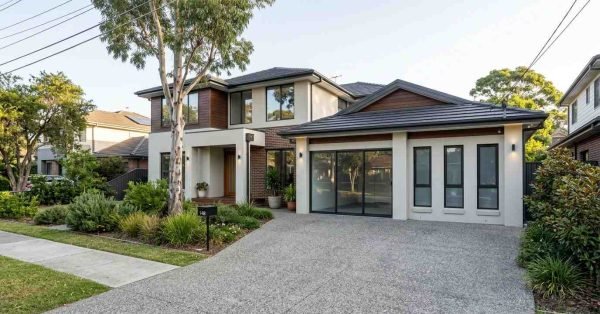 Front exterior view of a completed residential renovation showcasing modern architecture, landscaped gardens, upgraded façade finishes, driveway improvements, and enhanced street appeal.