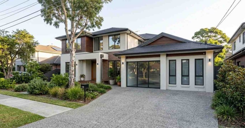 Front exterior view of a completed residential renovation showcasing modern architecture, landscaped gardens, upgraded façade finishes, driveway improvements, and enhanced street appeal.