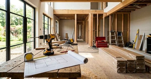 Home renovation project in progress with framing, construction tools, and architectural plans inside an open-concept living space.