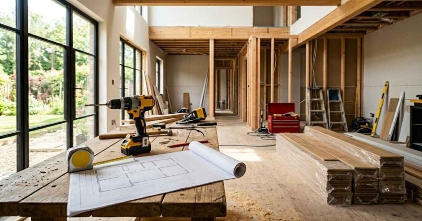 Home renovation project in progress with framing, construction tools, and architectural plans inside an open-concept living space.