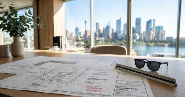Architectural zoning approval plans, ruler, and sunglasses on a desk overlooking the Sydney skyline during a development review.