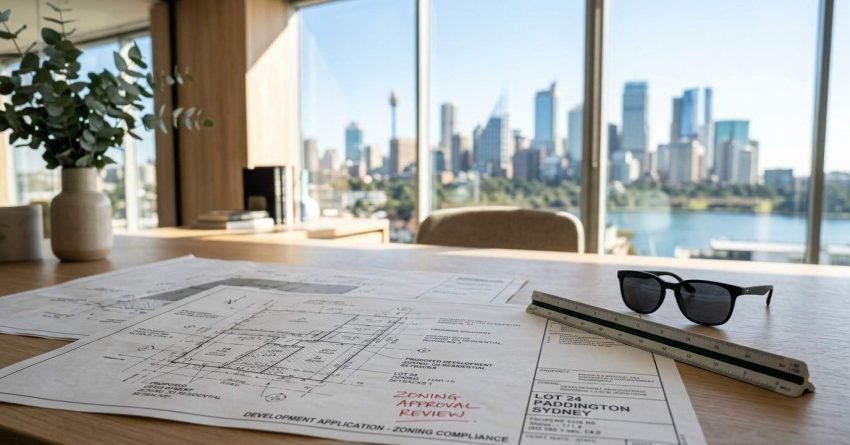 Architectural zoning approval plans, ruler, and sunglasses on a desk overlooking the Sydney skyline during a development review.