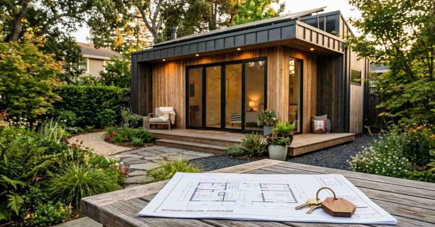Backyard modular home or granny flat installation showcasing completed secondary dwelling construction, architectural planning documents, landscaped outdoor space, and modern compact living design.