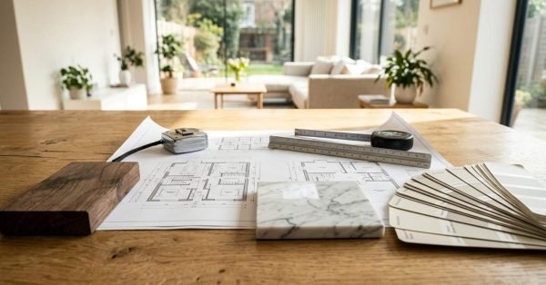 Home renovation floor plans, material samples, and measuring tools displayed on a wooden table in a modern living space.