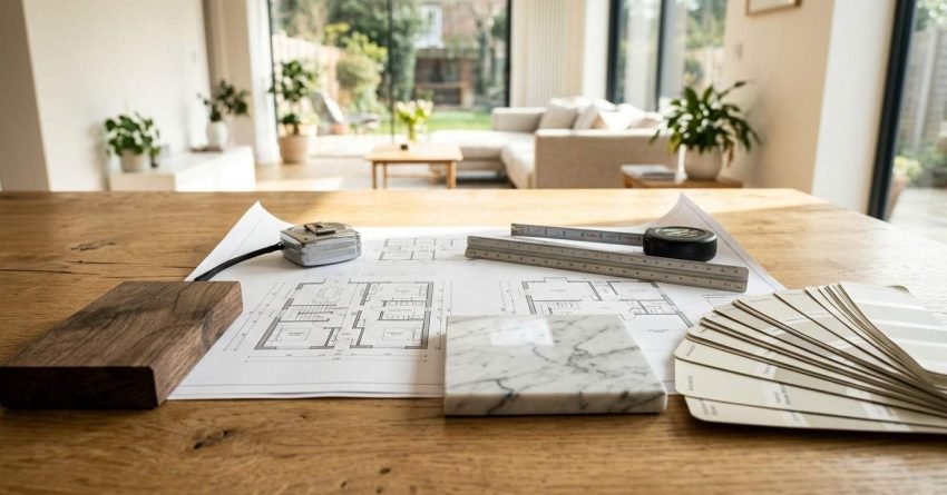 Home renovation floor plans, material samples, and measuring tools displayed on a wooden table in a modern living space.