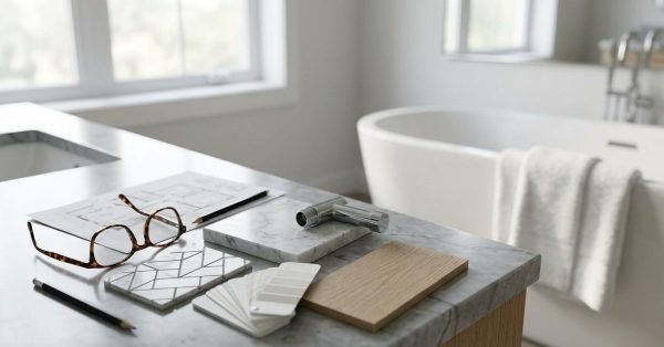 Bathroom renovation planning with design samples and fixtures.