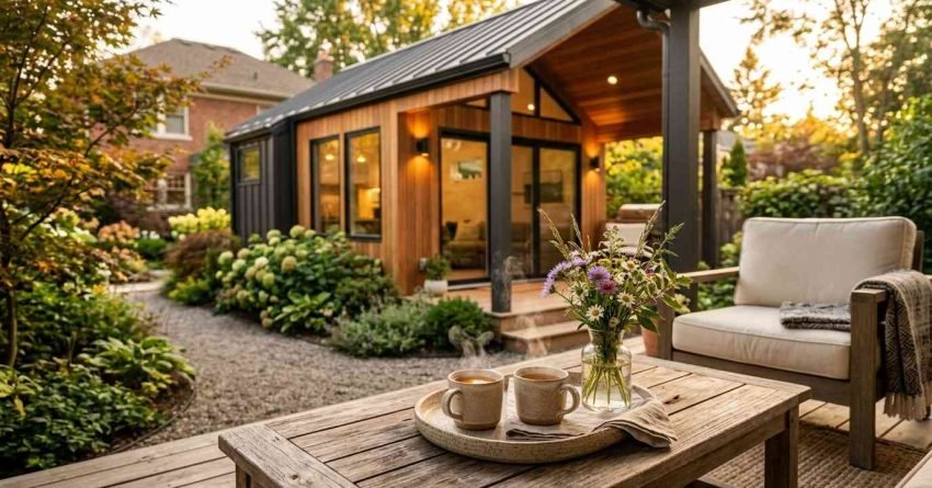 Completed backyard granny flat featuring modern architecture, landscaped gardens, outdoor living space, and comfortable secondary dwelling accommodation designed for independent living.