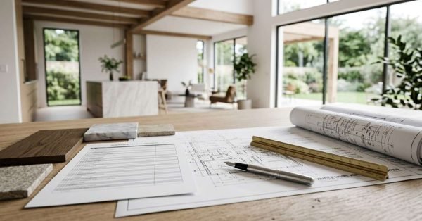 Home renovation checklist, blueprints, and material samples arranged on a table in a bright modern open-plan living space.