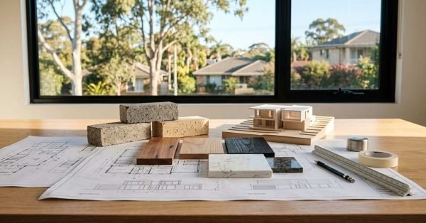 Architectural planning workspace displaying building blueprints, material samples, design model, and construction specifications used for residential project development and renovation planning.